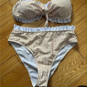 SHEIN White and Mustard Stripe Ruffled Bikini Set